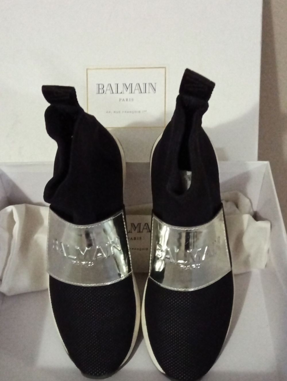 Balmain Black Knit Slip-Ons with Silver Logo Band Sneakers